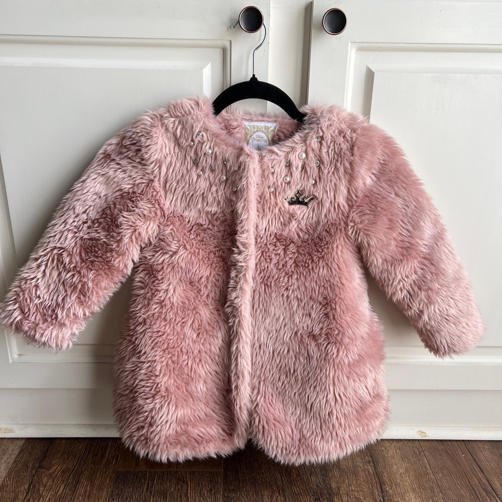 Disney Princess Girl’s Pink Faux Fur Jewel Pearl Fancy Tea Party Coat Size 4